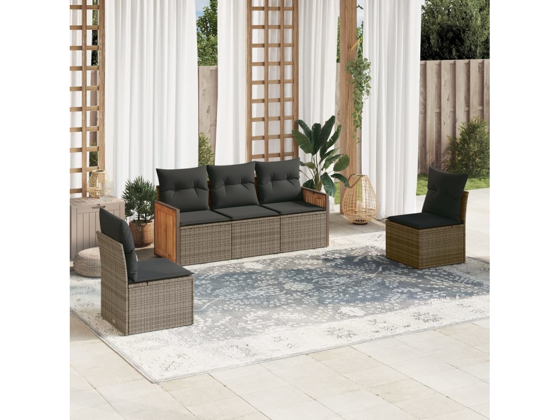 Vidaxl 5 Pcs Conjunto Sofás De Jardim C/ Almofadões Vime Pe Cinzento