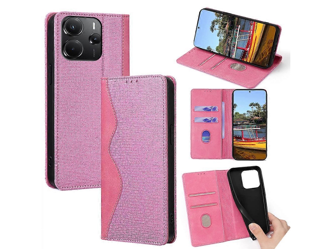 Capa Tipo Carteira Em Couro Sintético Com Bloqueio Rfid Em Formato De Onda Para Xiaomi Redmi Note 14 4g (164,84 Mm) Rosa