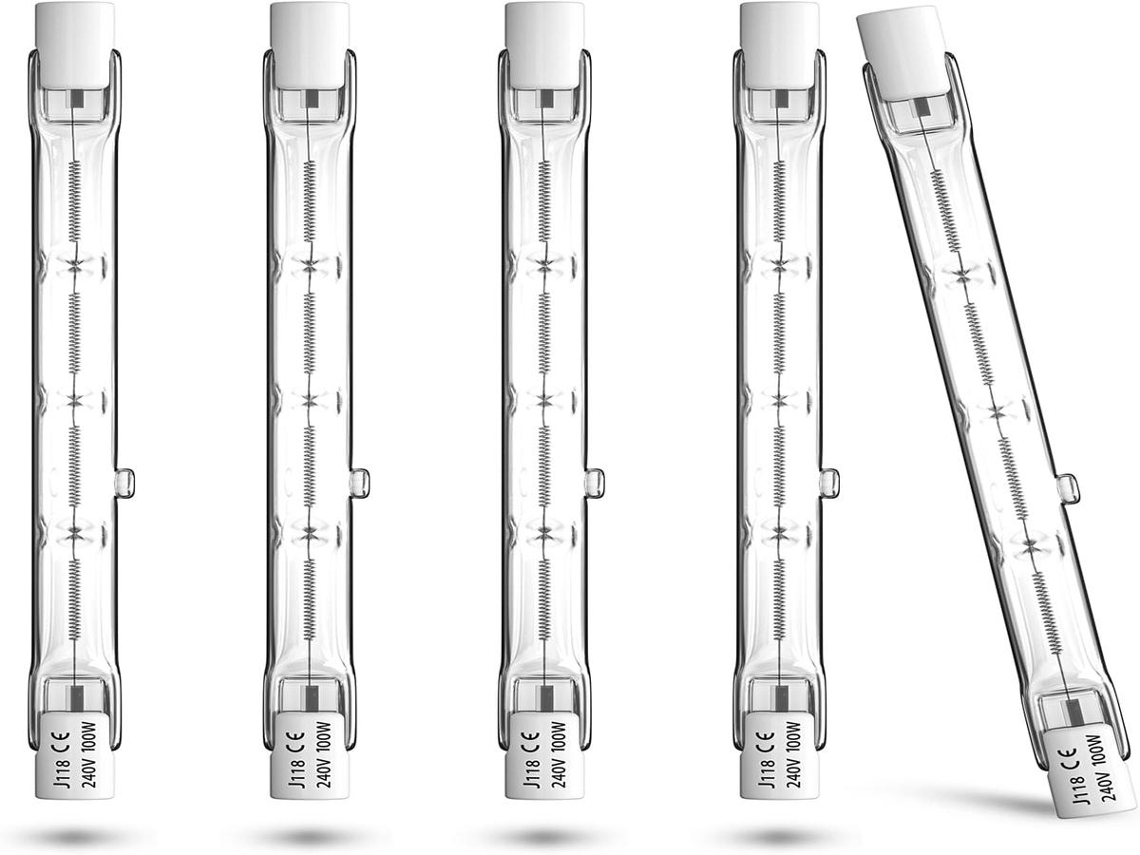 Lurelia Pack De 5 Lâmpadas Lineares Halógenas R7s 100w 2800k 118mm, Branca Quente, Regulável, Para Casa
