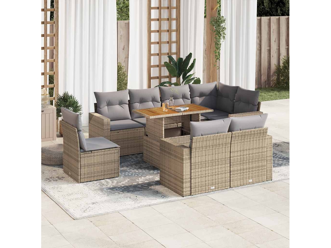 Vidaxl 9 Pcs Conjunto De Sofás P/ Jardim Com Almofadões Vime Pe Bege