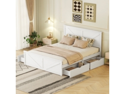 Cama Simples De Madeira 160x200 Com Quatro Gavetas, Branca.