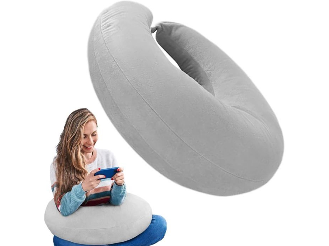 Travesseiro de Viagem AQUAFORGE em espuma viscoelástica, formato U, para massagem cervical, cinza escuro