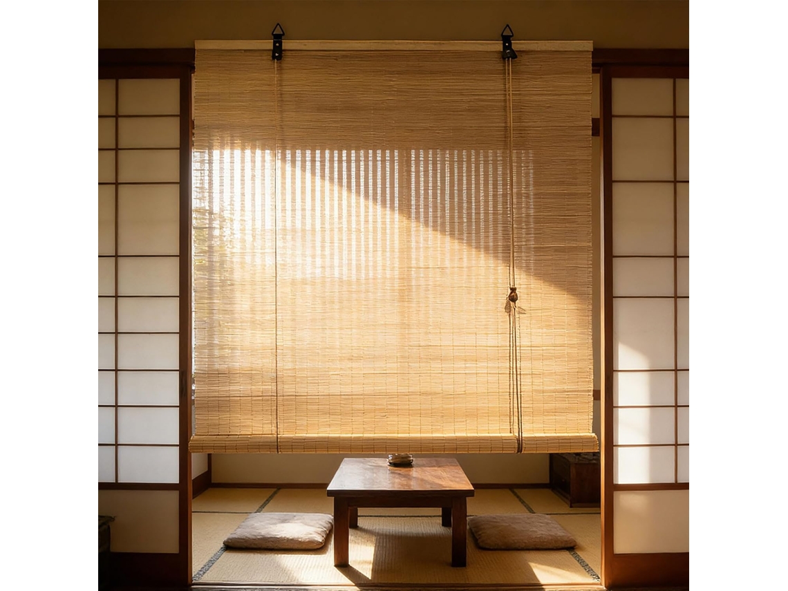 Cortina De Rolo De Bambu 75 X 110 Cm, Impermeável, Com Proteção Solar E Privacidade, Efeito Bambu, Para E