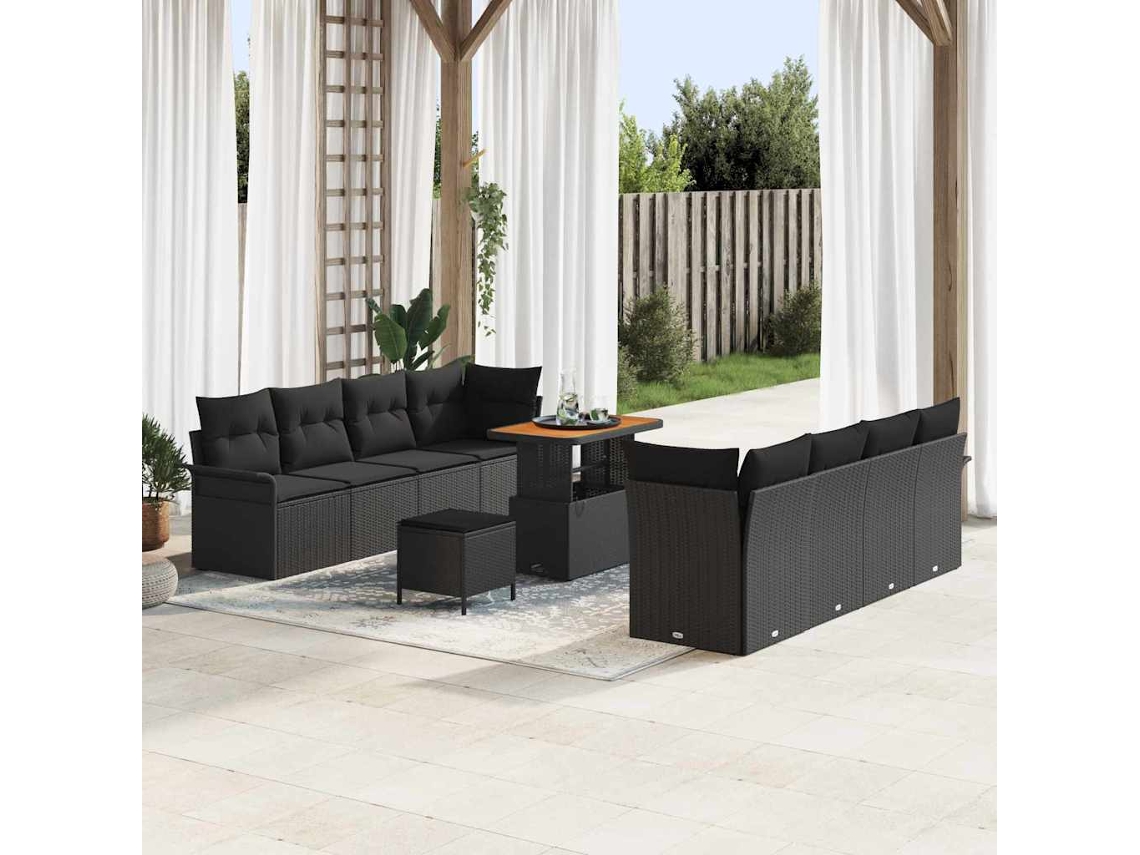 Vidaxl Conjunto De Sofá De Jardim Com Almofada 11 Pcs Preto Vime Pe