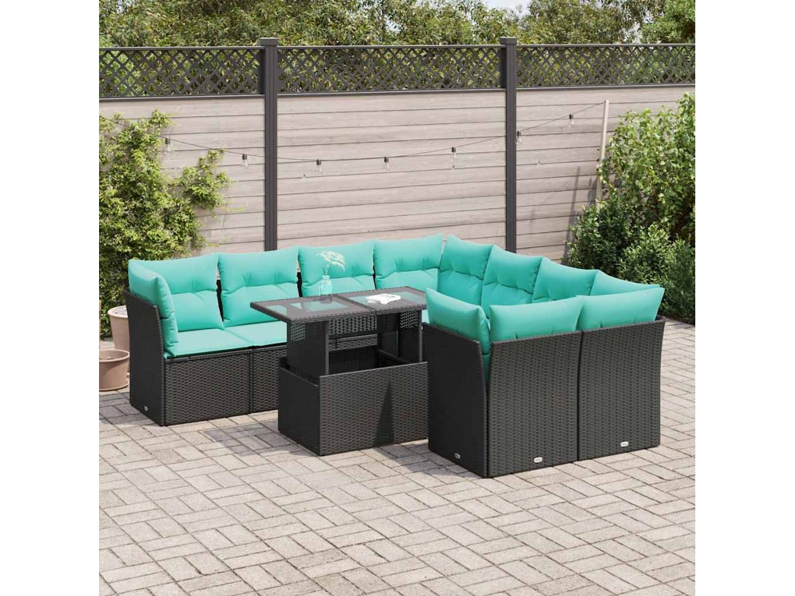 Vidaxl 9 Pcs Conjunto Sofás P/ Jardim Almofadões Vime Pe/acácia Preto