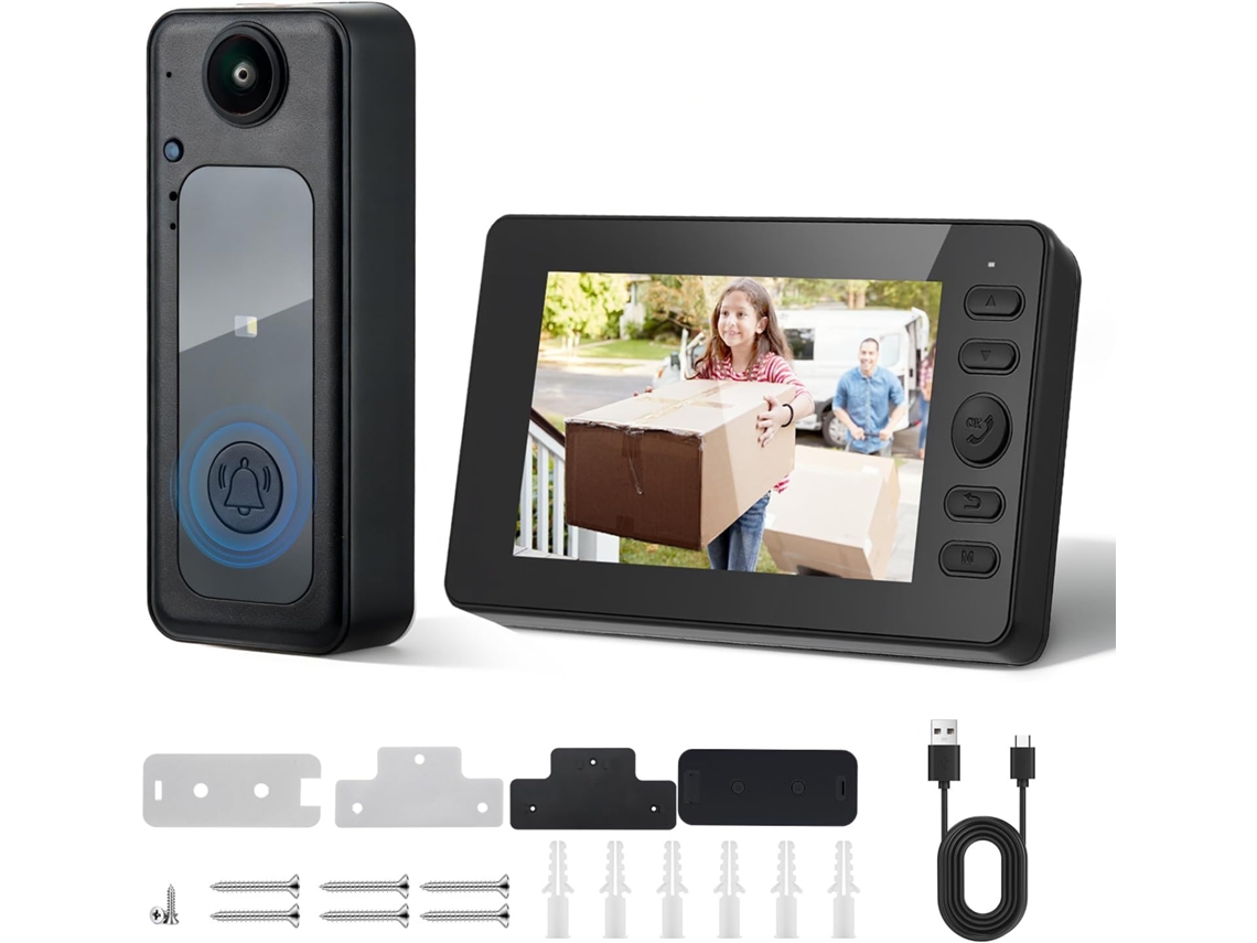 Campainha com Camara Sem Fios HALINUIA 1080p Hd Ecrã Ips 4.3" Visao Noturna Audio Bidirecional Resistente a Agua Angulo 170° para Casa