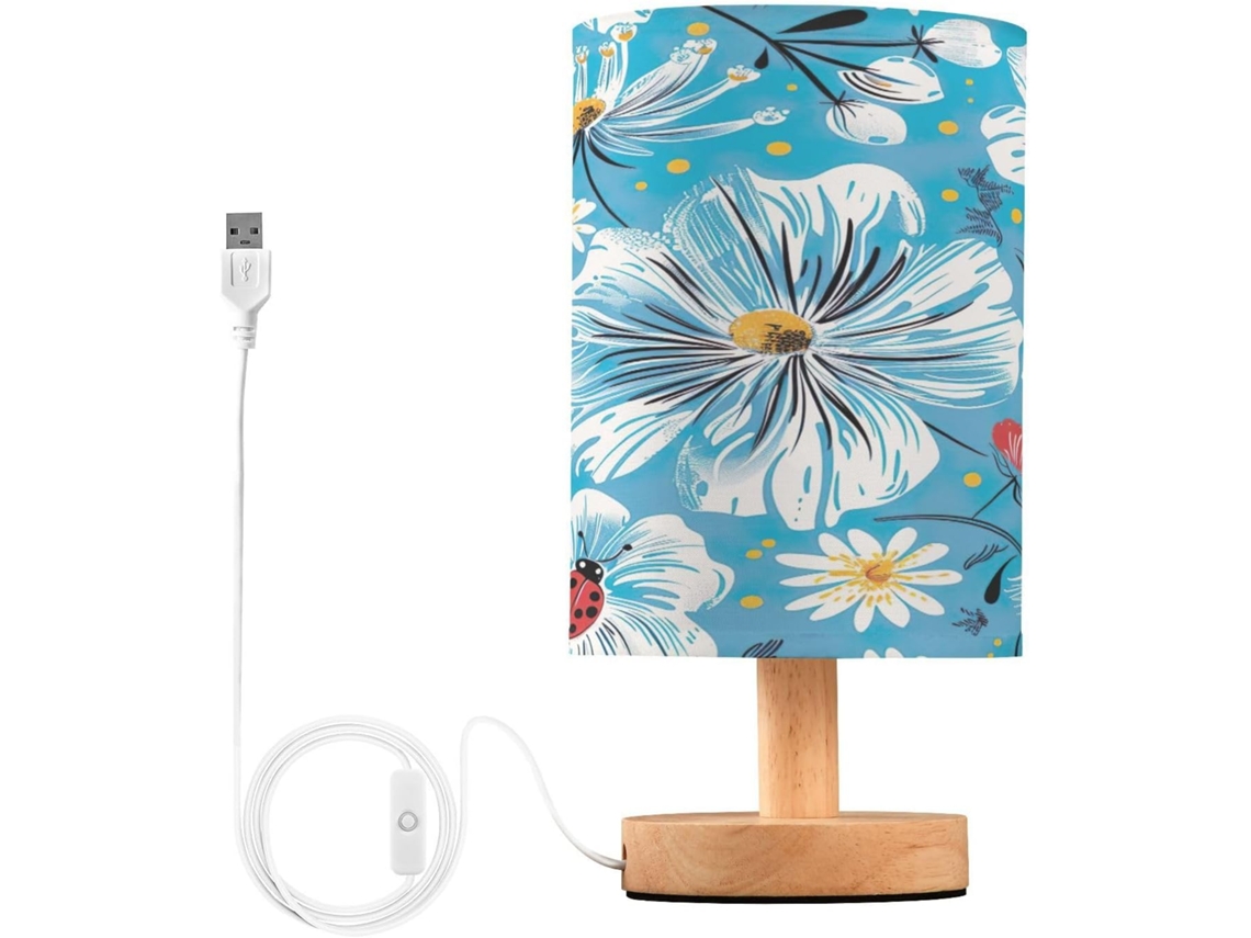 Abajur De Cabeceira Com Estampa Margaridas Para Quarto, Portas De Carregamento Usb C, Luminária De Mesa Cabeceira