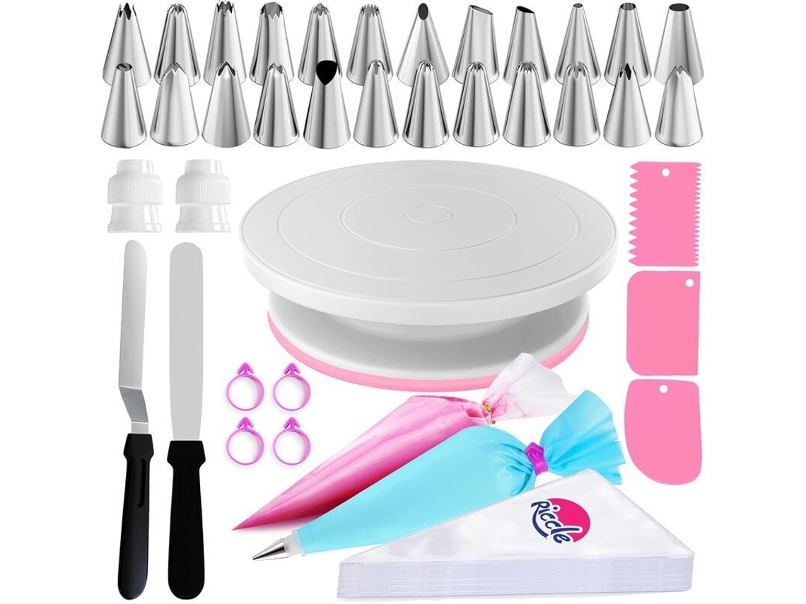 Kit De Confeitaria Com Prato Giratório E Bicos, 88 Peças, Rosa Elysve