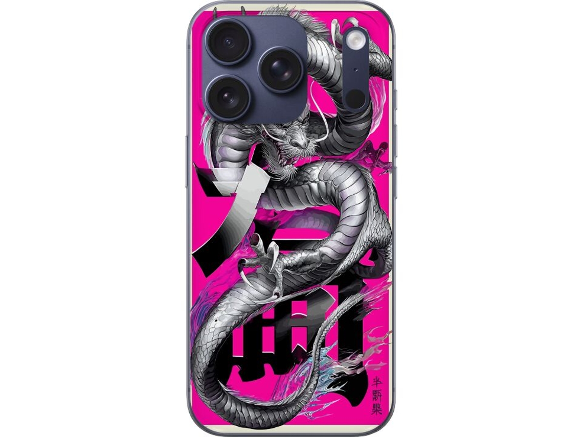 Capa Para Celular Compatível Com Apple Iphone 17 Pro. Poderoso Dragão Prateado Em Pose Dinâmica Contra Um Fundo Rosa Vibrante Com Design De Fantasia D
