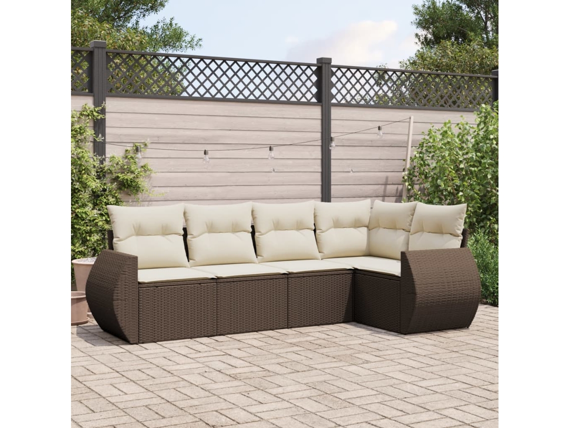 Vidaxl 5 Pcs Conjunto Sofás P/ Jardim C/ Almofadões Vime Pe Castanho