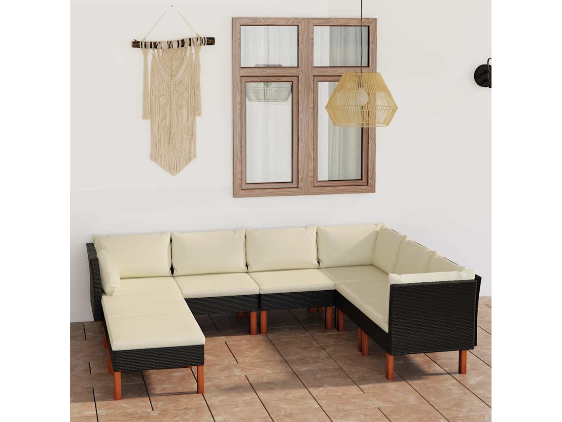 Vidaxl 8 Pcs Conjunto Lounge De Jardim C/ Almofadões Vime Pe Preto