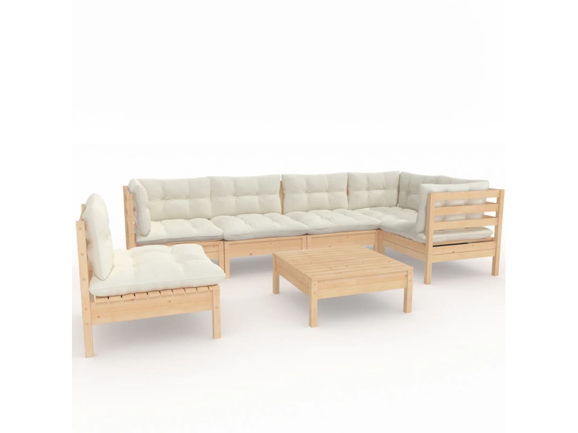 Conjunto de 7 Lounge de Jardim com Almofadões Cor Creme Pinho MAISON EXCLUSIVE