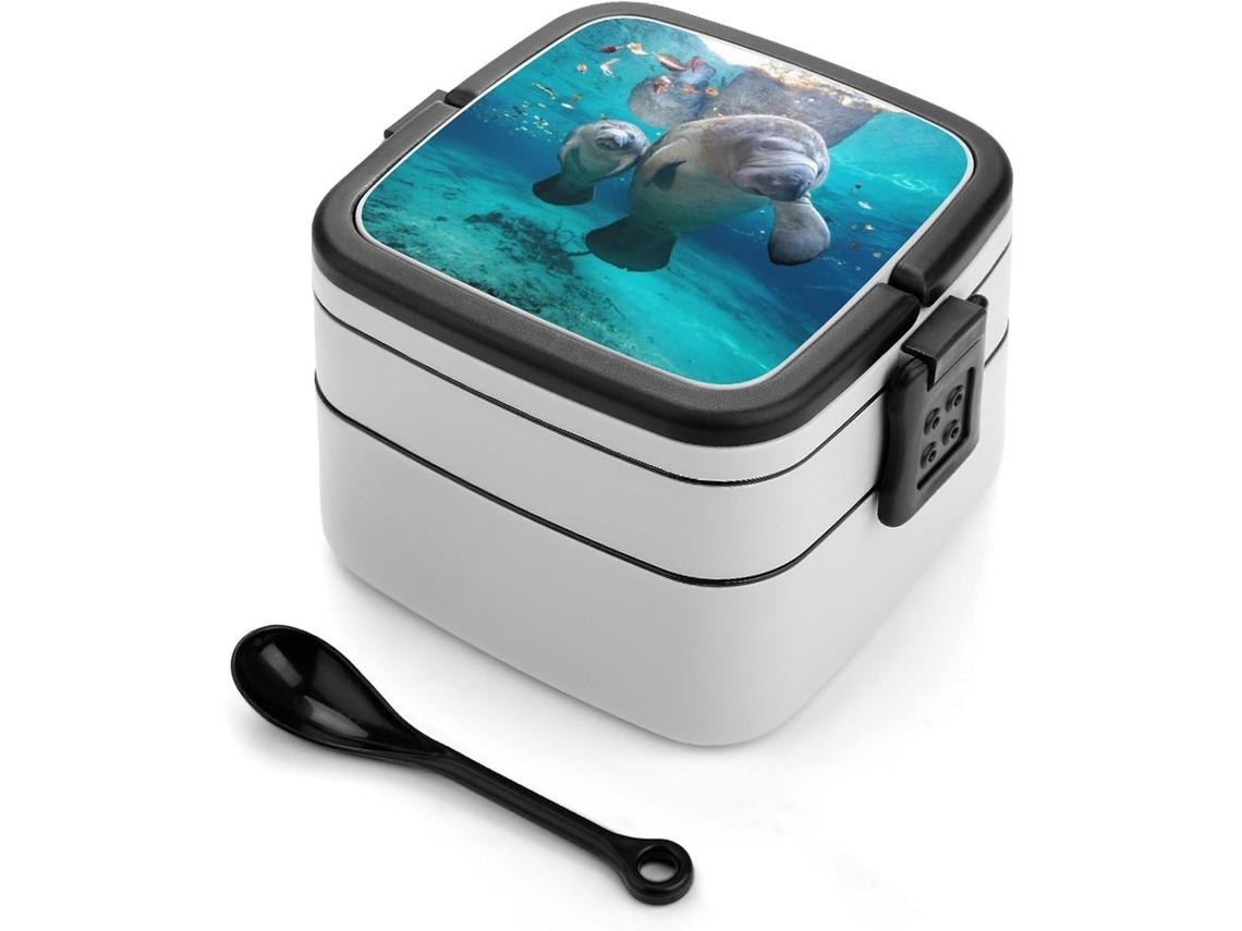 Marmita Bento De 1000ml Com Colher, Dupla Camada Empilhável E À Prova De Vazamentos, Com Estampa De Peixe Boi Ideal Para