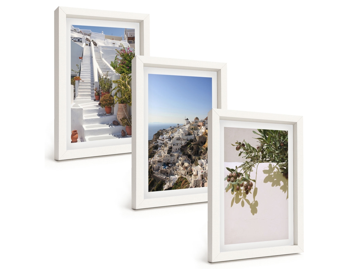 Quadros Decorativos Para Parede Escadas Brancas, Vista De Santorini Moldura Branca Pinturas De Quarto Espelharte (3 Peças 20x30 Cm)