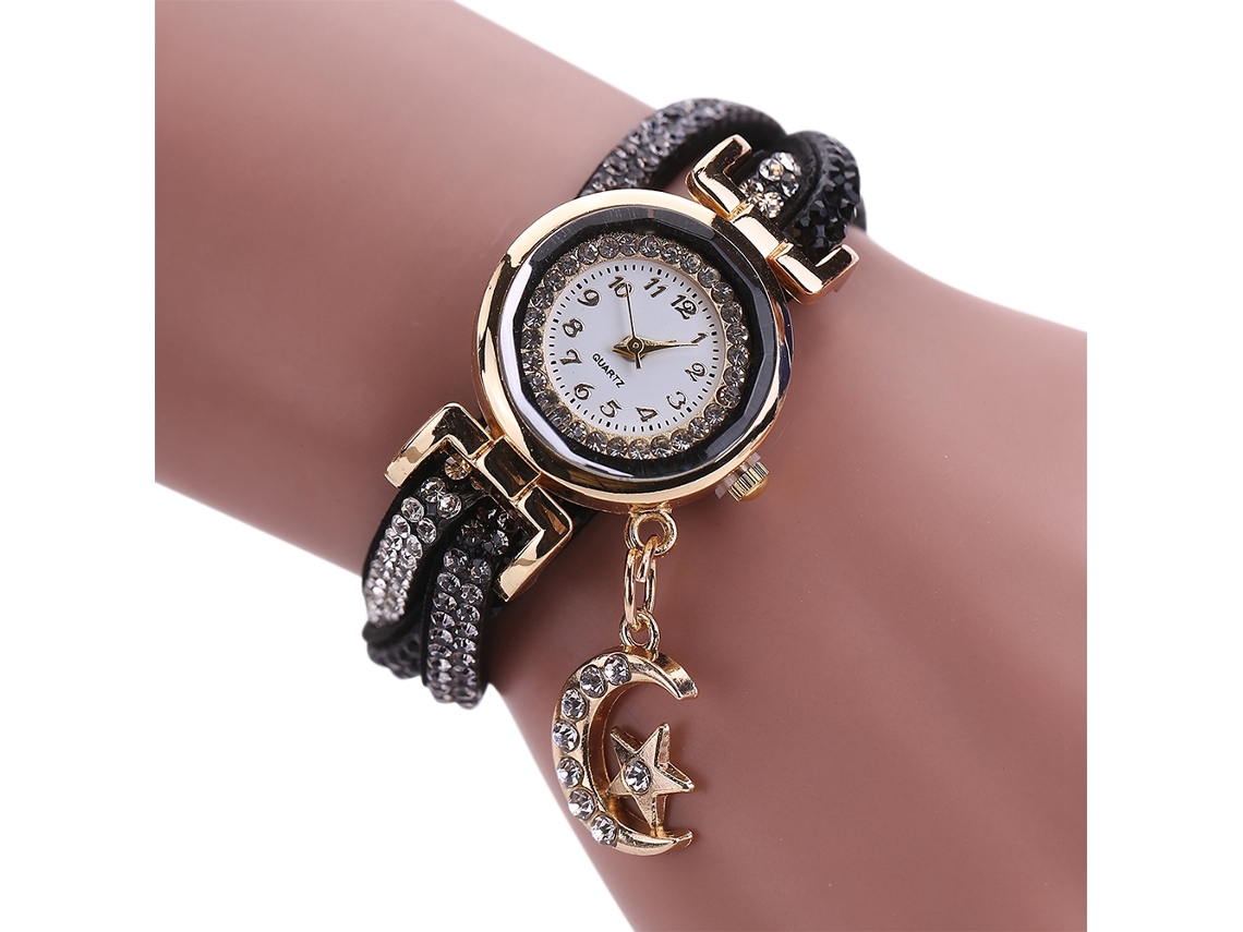 Relógio Pulseira Feminino de Quartzo com Camadas de Strass e Pingente Lua Estrela (preto)
