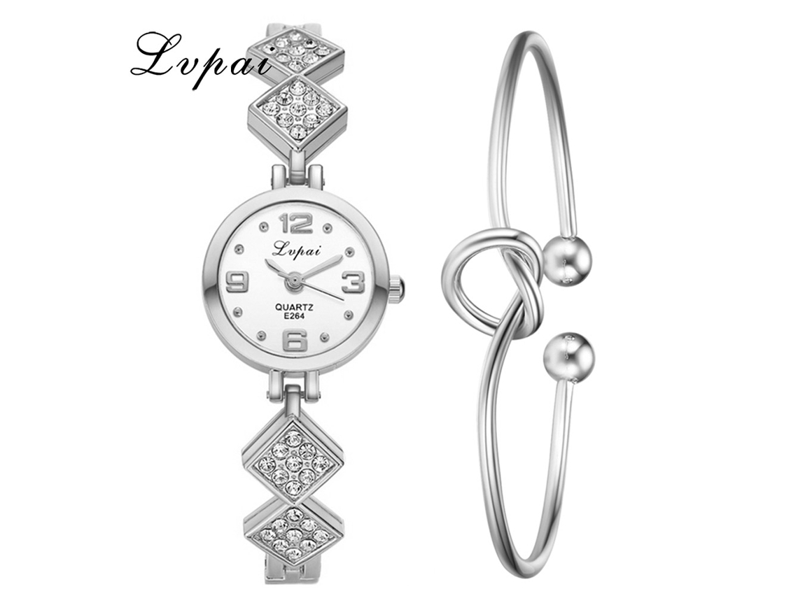 Relógio de Pulso Feminino de Quartzo Casual com Strass Pulseira Elegante Prata Branco