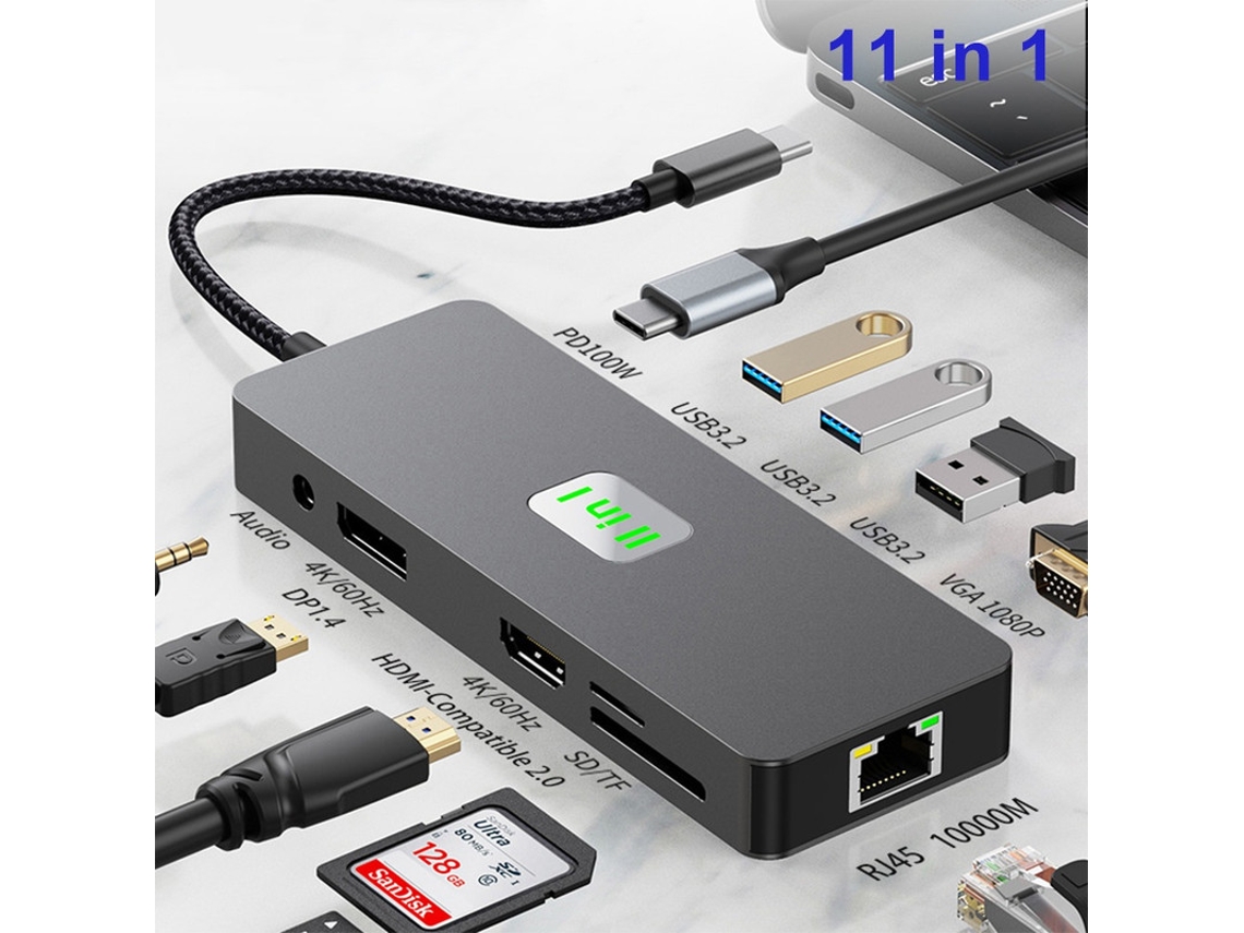 Yizhood 11 em 1 USB 3.2 Hub 4K 60Hz Docking Station Suporta HDMI DP 3.0 1000M Tipo C Cabo de extensão Cinza