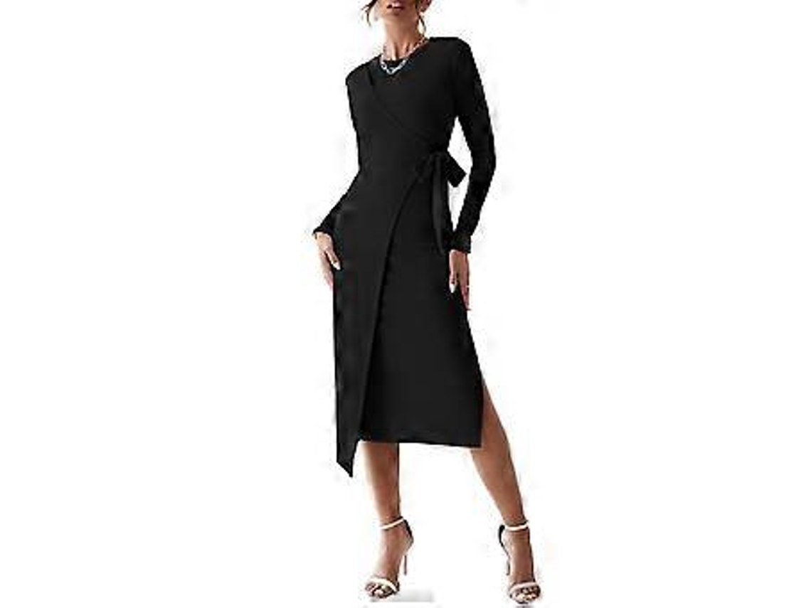 Malha Feminino Vestido Suéter Com Decote Redondo E Manga Curta, Just With Fenda E Cinto Slowmoose (grande)