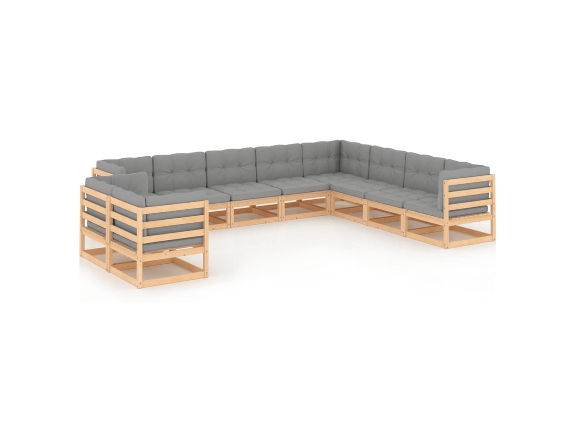 Vidaxl 10 Pcs Conjunto Lounge De Jardim C/ Almofadões Pinho Maciço