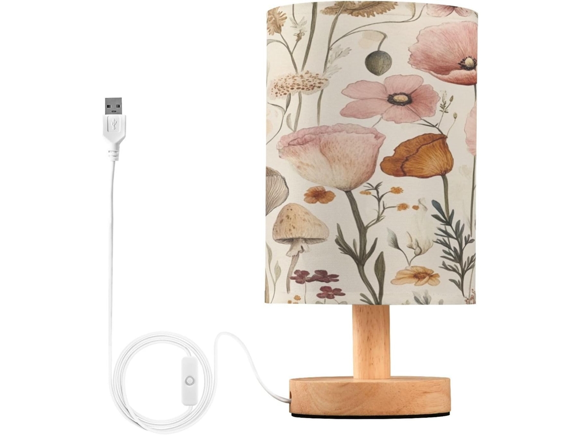 Luminária De Cabeceira Led Poppy Wildflowers, Com Cúpula De Tecido, Base De Madeira E Porta Usb, Ideal Para Quarto