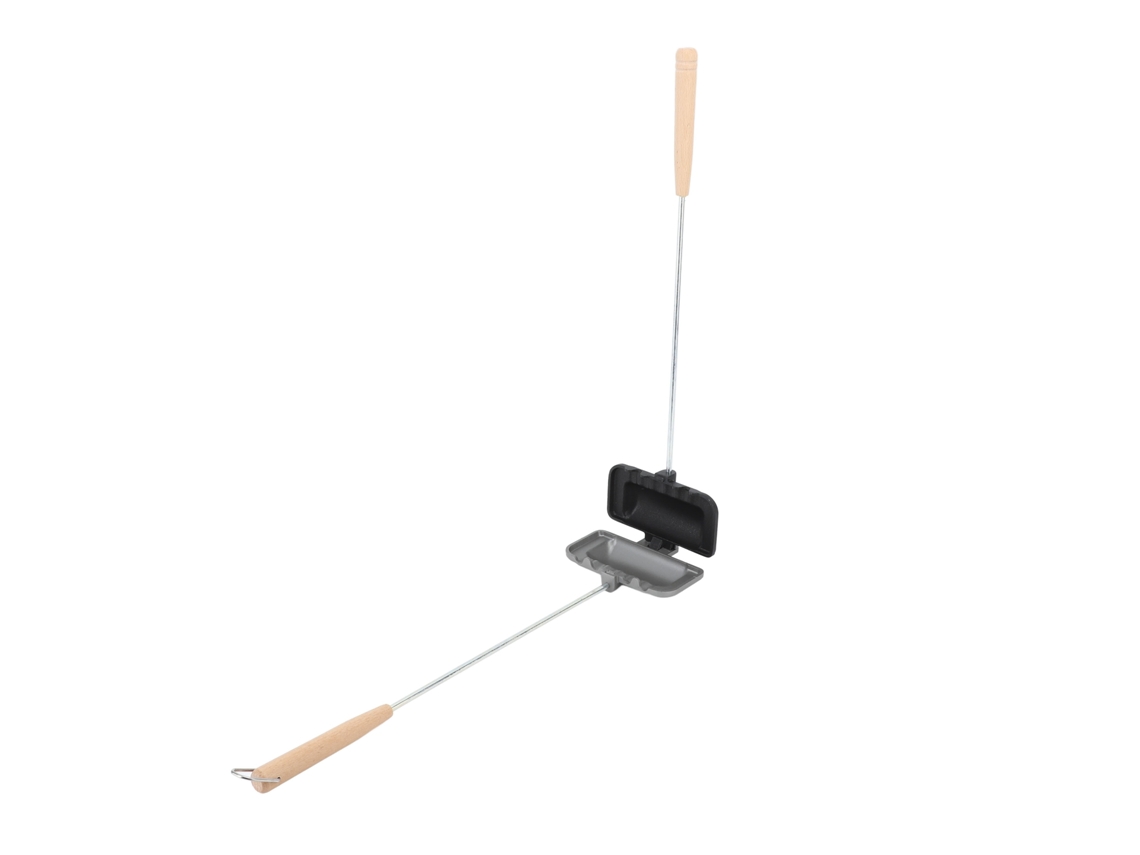 Panela dupla face para sanduíches com cabo removível, ideal para camping e uso doméstico.