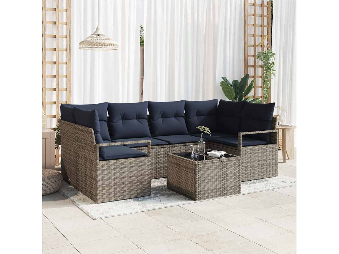 Vidaxl Conjunto De Sofás 7 Pcs Cinza E Azul Vime Pe