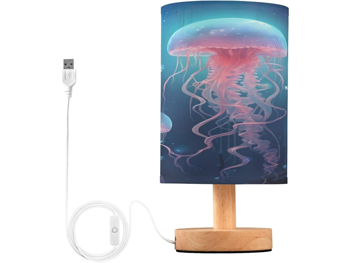 Abajur De Cabeceira Led Rosa Em Formato Água Viva Para Quarto, Com Cúpula De Tecido, Base De Madeira E Porta Usb, Ideal