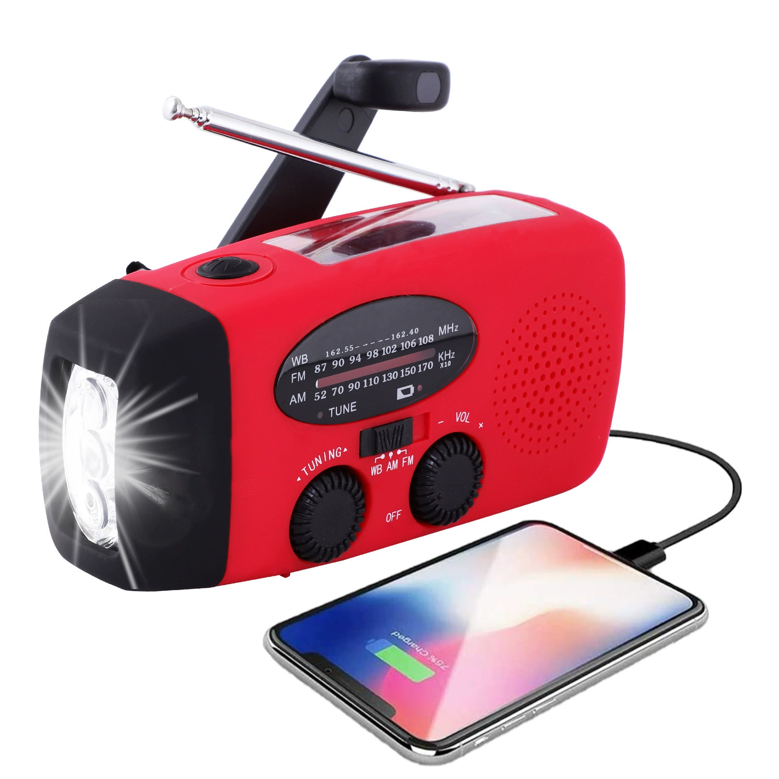Rádio de Emergência mini AQUAFORGE com carregamento solar por manivela e função de iluminação, vermelho am/fm/600mah