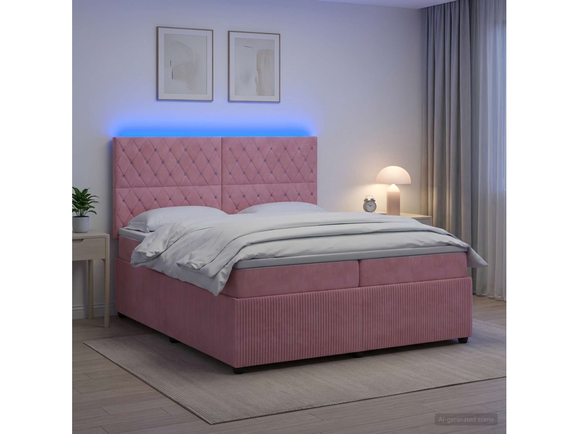 Vidaxl Cama Box Com Led E Colchão Rosa 200 X 200 Cm Veludo