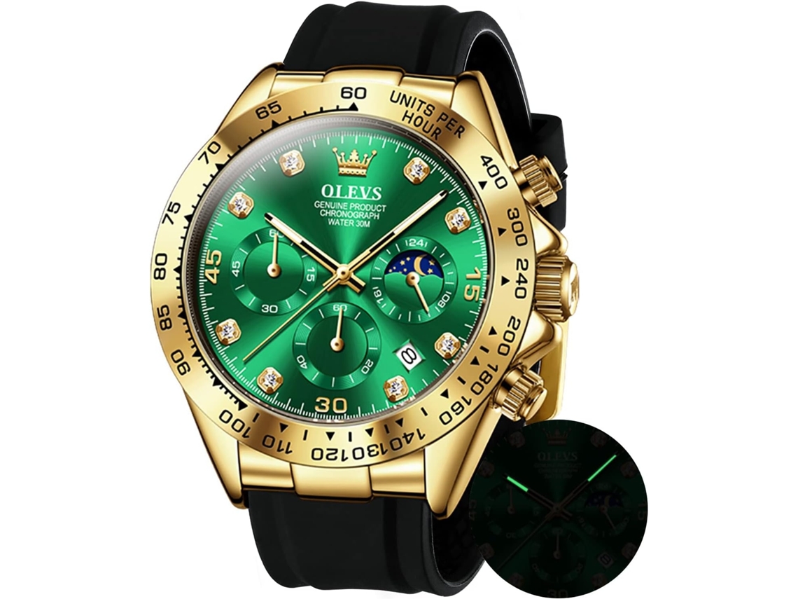 Lurelia Relógio Cronógrafo Masculino, Movimento De Quartzo, Detalhes Com Strass, Fase Da Lua, Silicone, Verde