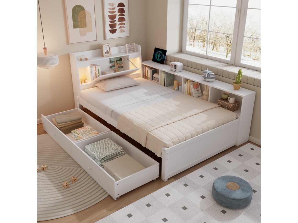 Cama Painel Branca 90x200cm, Cabeceira C/ Compartimento, 2 Luzes, Tomada, Gavetas. -op