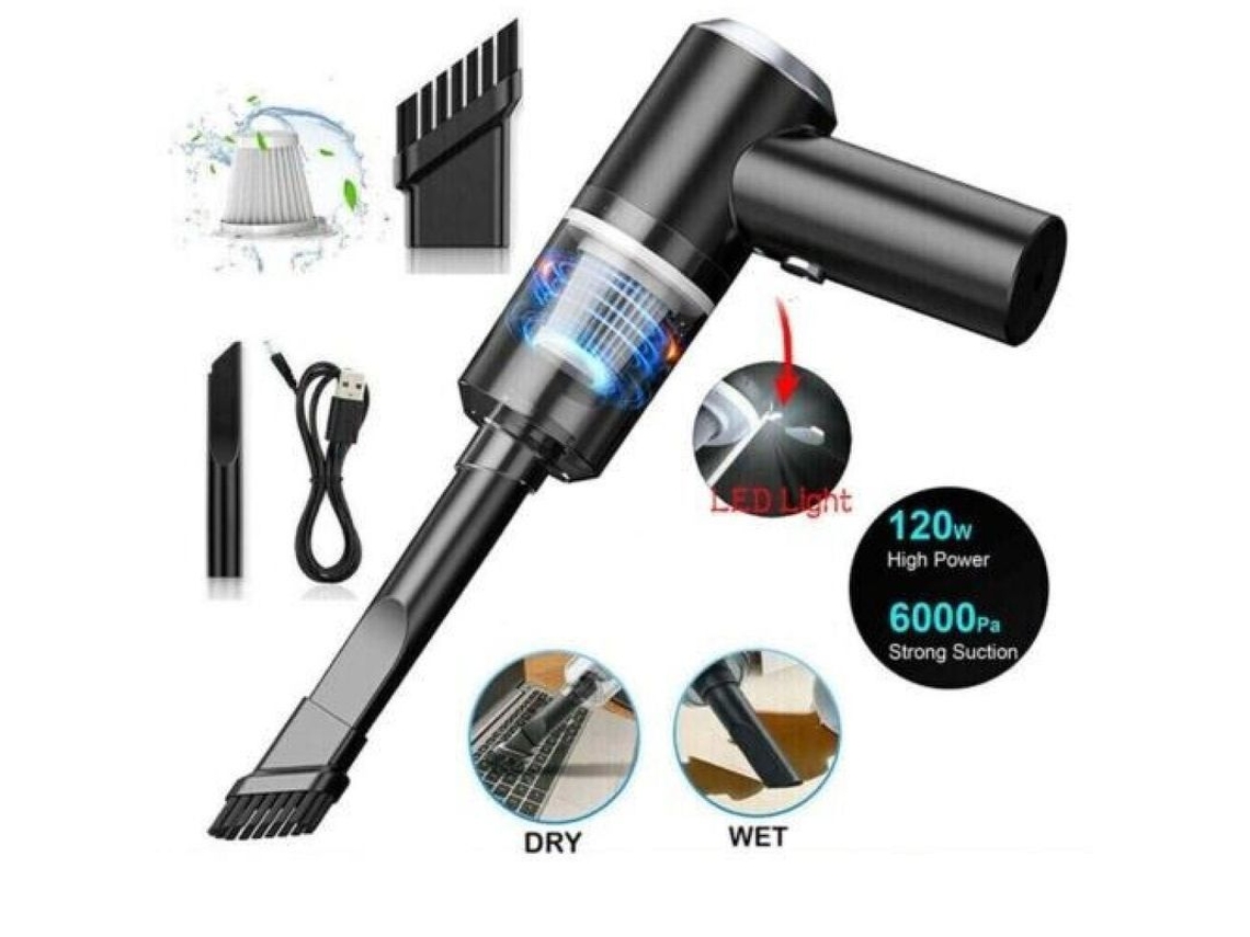 Aspiradora Sem Fio S/MARCA, recarregável, USB, 120W, 6000Pa, para carro e casa, com filtros laváveis