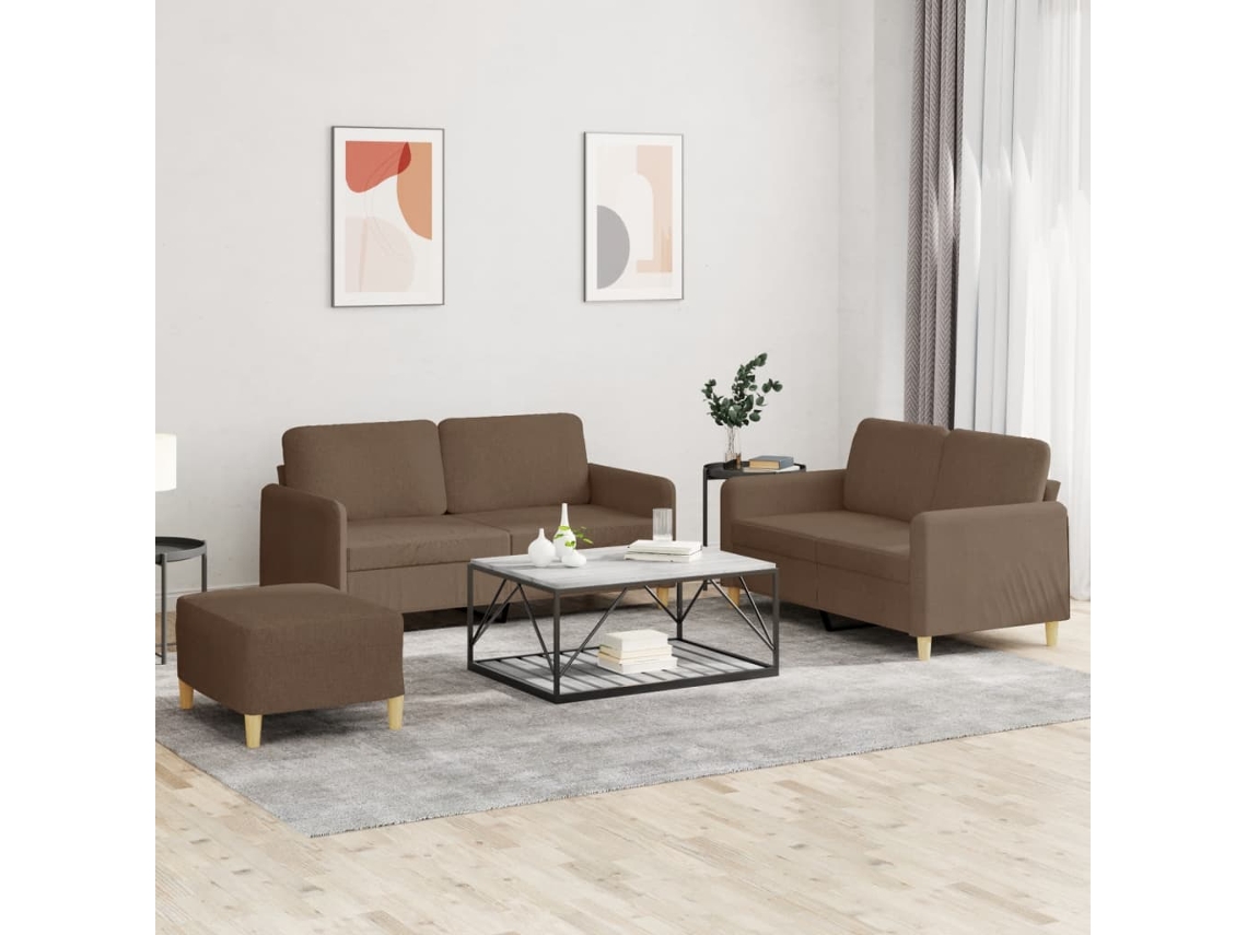 Vidaxl 3 Pcs Conjunto De Sofás Com Almofadões Tecido Castanho