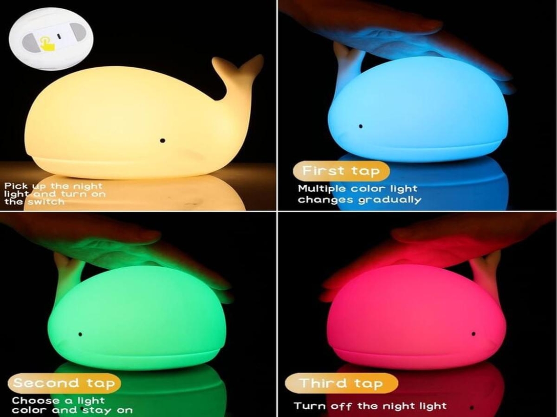 Lurelia Abajur Infantil Em Forma De Baleia Com Silicone Sem Bpa, Recarregável Usb, Sensor De Toque E Rgb Para Bebé E Crianças