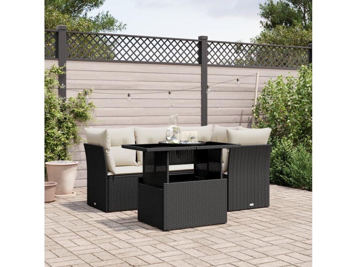Vidaxl 5 Pcs Conjunto Sofás De Jardim Com Almofadões Vime Pe Preto