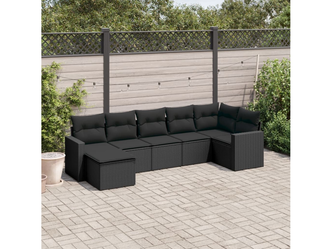 Vidaxl 7 Pcs Conjunto De Sofás P/ Jardim C/ Almofadões Vime Pe Preto
