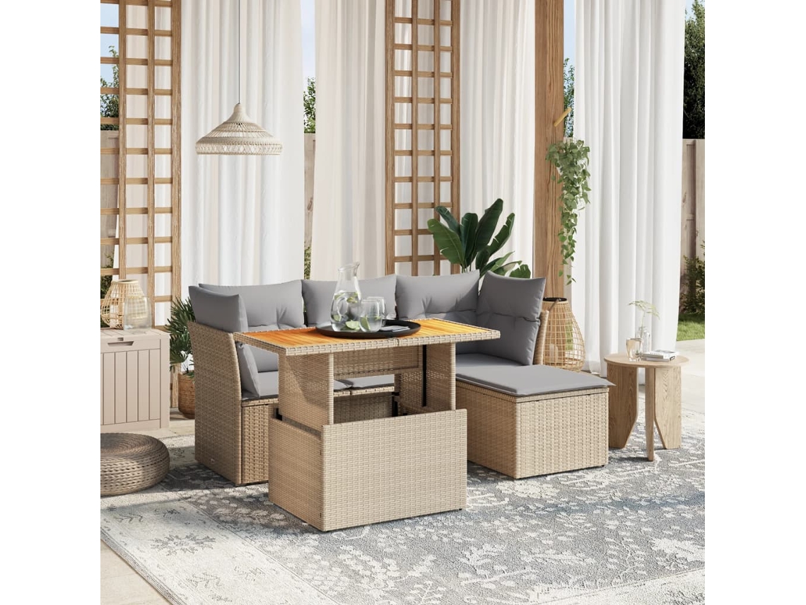 6 Pcs Conjunto De Sofás P/ Jardim Com Almofadões Vime Pe Bege Dkd Home Decor