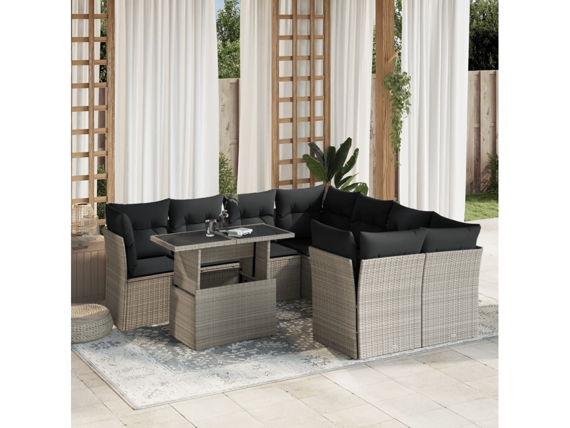 Vidaxl 9 Pcs Conj. Sofás Jardim Com Almofadões Vime Pe Cinzento-claro
