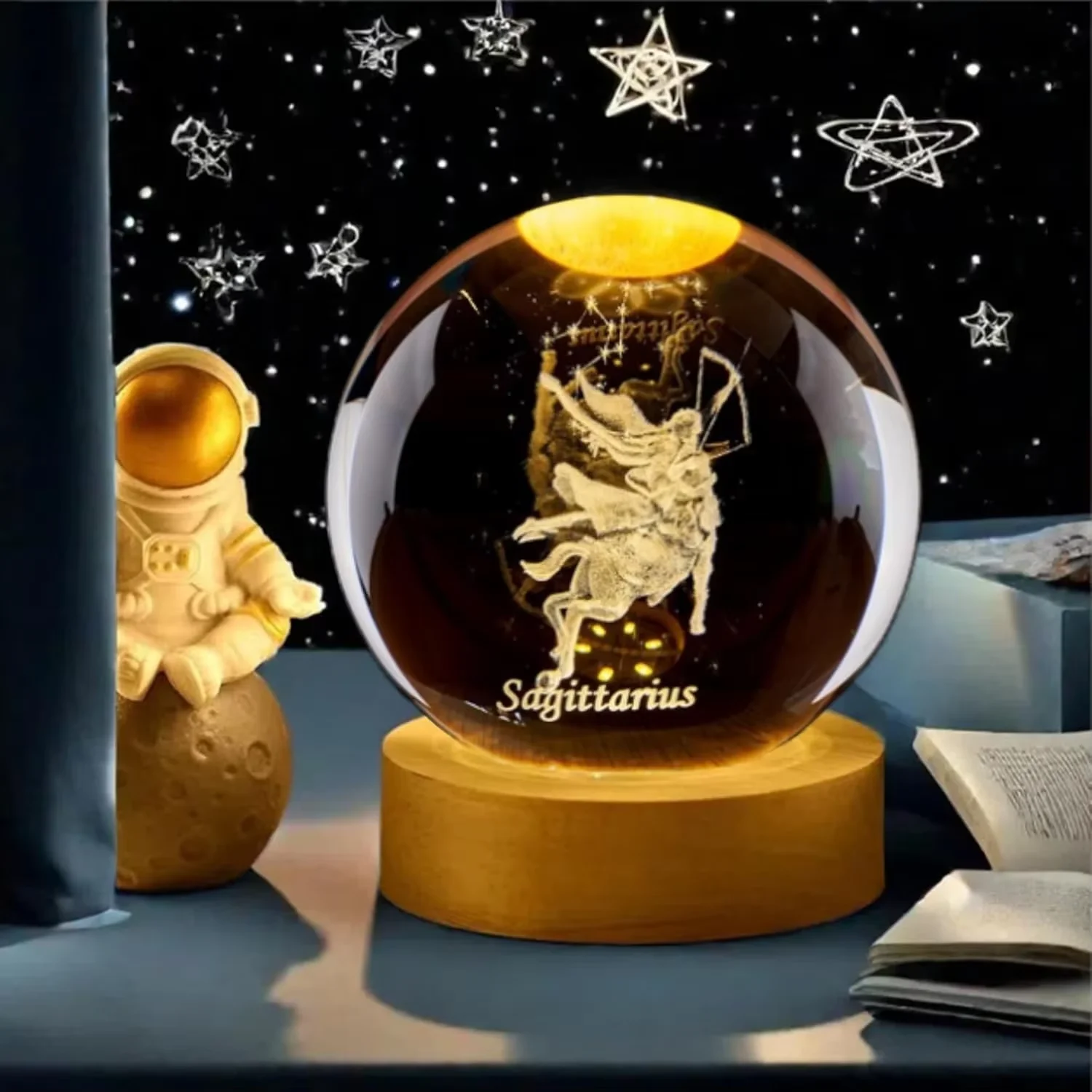 Bola de Cristal 3d de Sagitário com Base de Madeira para Luminária. MDUG