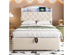 Cama infantil estofada 90x200cm, baú hidráulico, LED, USB c, 200kg, sem colchão, bege, KOMHTOM