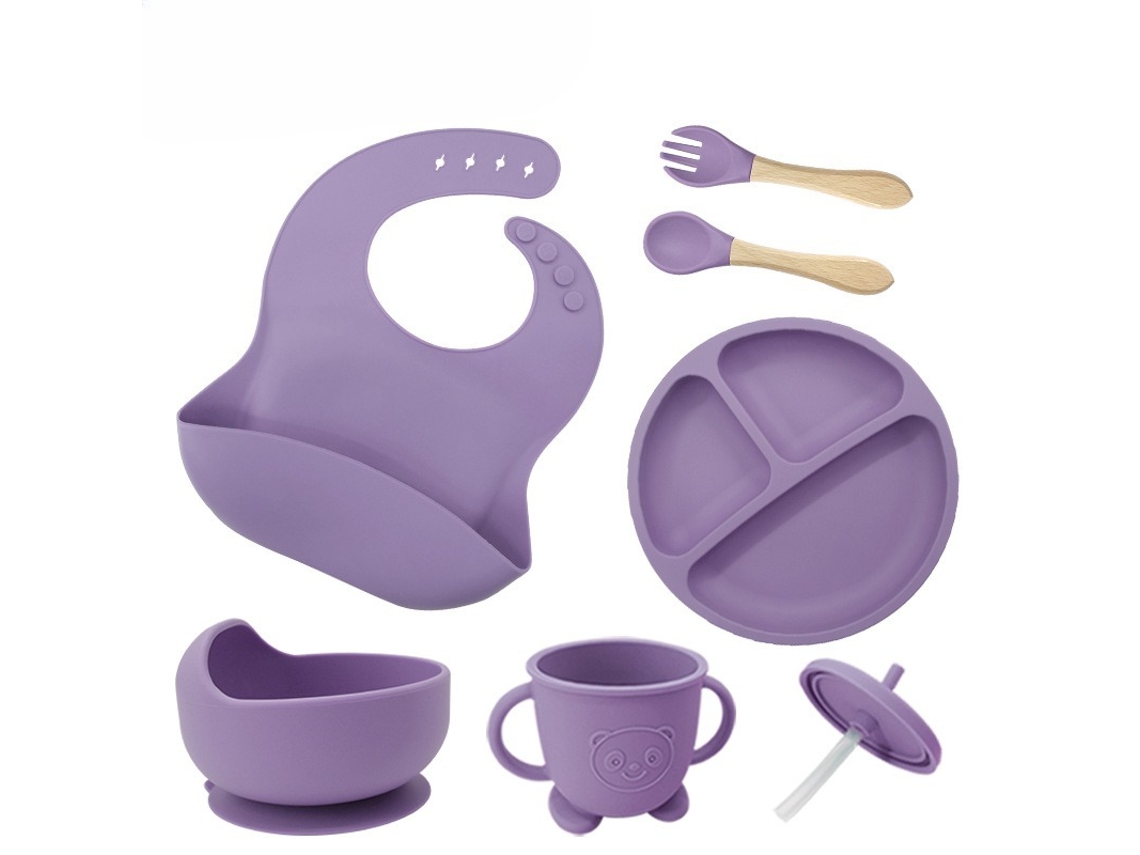 Conjunto de Utensílios em Silicone para Alimentação Infantil, com Ventosas na Base, 6 Peças Roxo PANOONA
