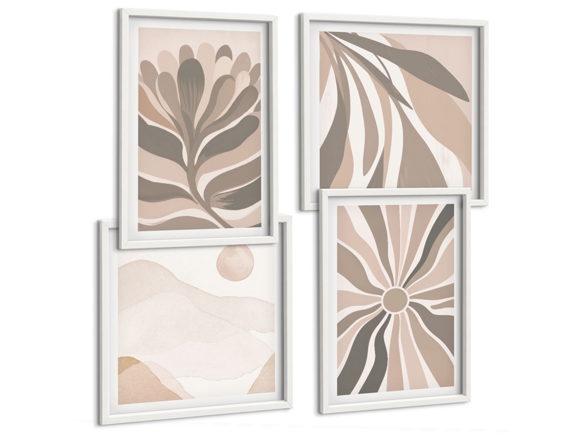 Pinturas Murais Modernas Motivos Geométricos De Plantas Moldura Branca Pinturas De Quarto Espelharte (conjunto De 4 Imagens)