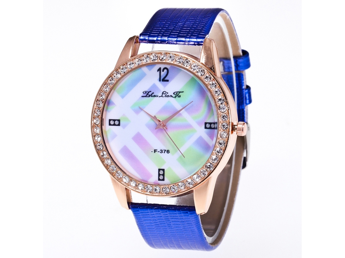 Relógio de Pulso Feminino de Moda com Pulseira Pu e Mostrador Redondo Analógico Quartzo Azul