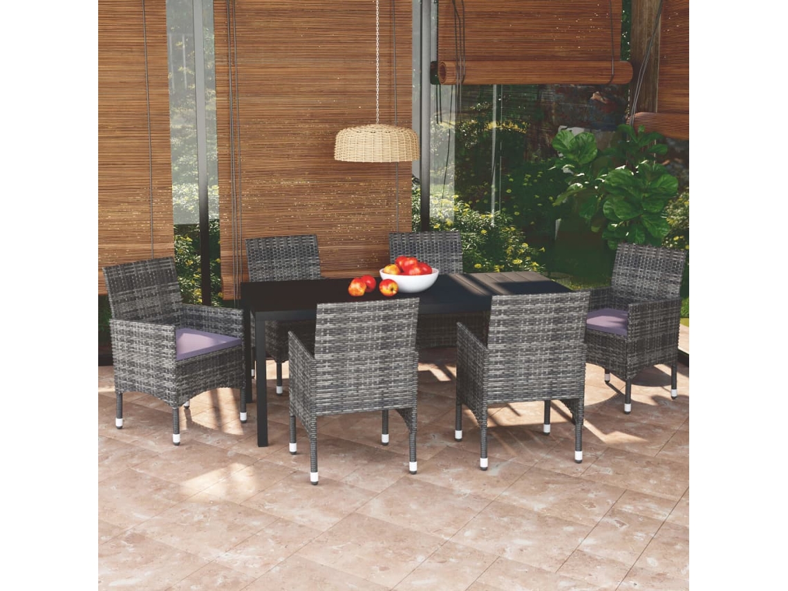 Conjunto 7 Peças Jantar P/ Jardim C/ Almofadões Vime Pe Cinza Dkd Home Decor