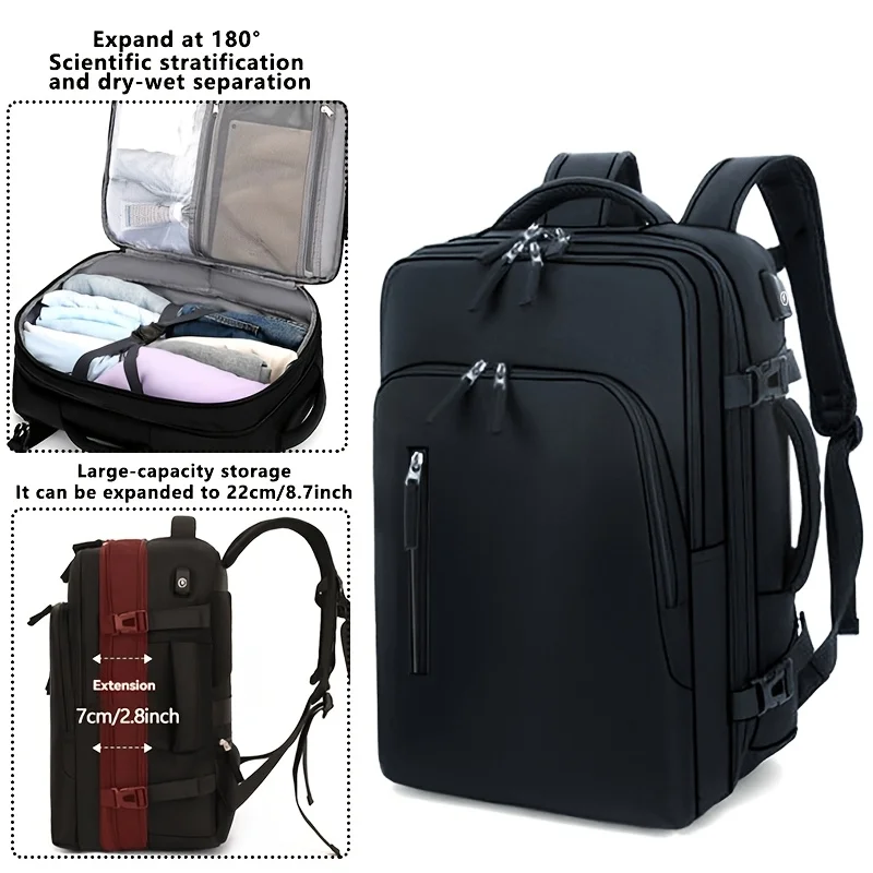 Mochila Cinza Expansível (preta, 15 Polegadas) Com Compartimento Para Itens Molhados/secos E Bolsa Para Laptop.
