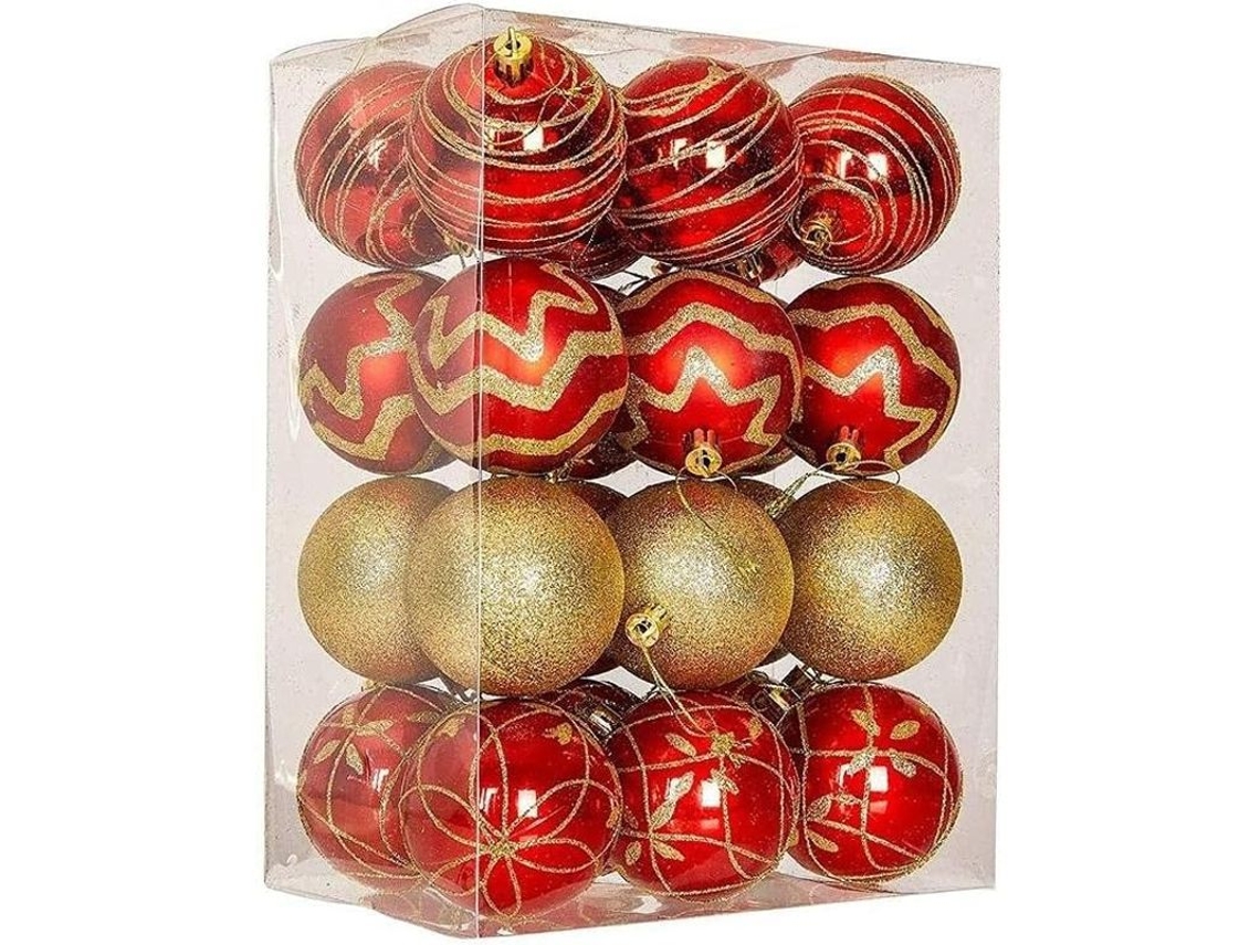 Adornos De Natal Bolas Pintadas À Mão 6cm 24pcs Vermelho Ouro Para Árvore De Natal