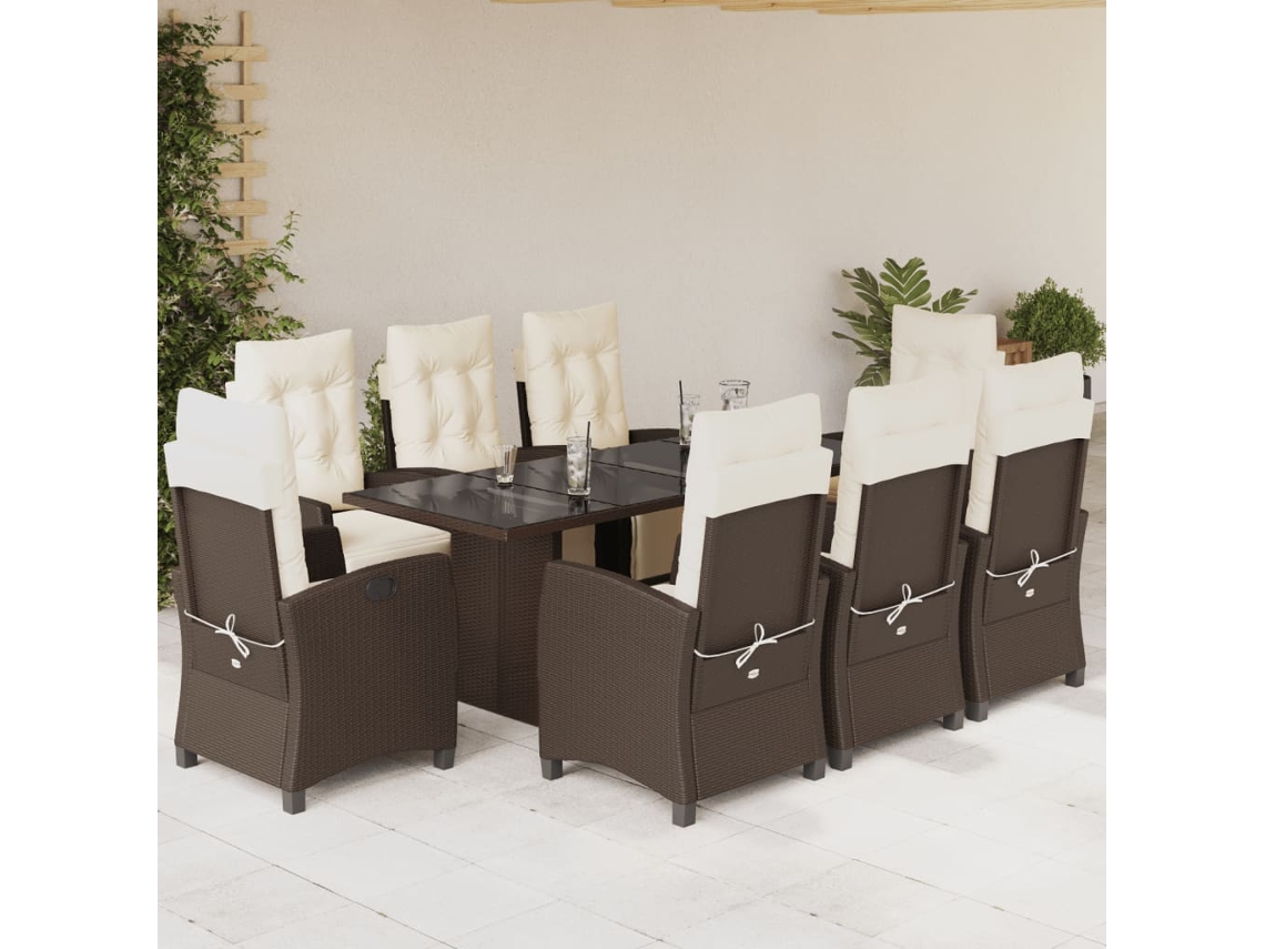 Vidaxl 9 Pcs Conjunto Jantar P/ Jardim C/ Almofadões Vime Pe Castanho