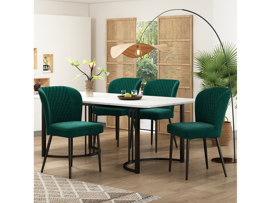 Conjunto Jantar 140x80x75cm + 4 Cadeiras Veludo Verde Escuro, Tampo Branco.-qq