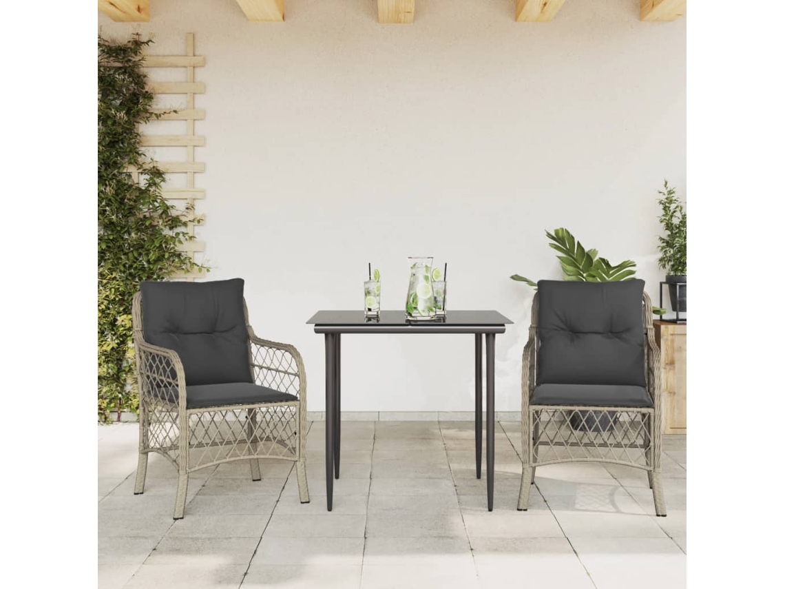 Vidaxl 3 Pcs Conjunto Bistrô Com Almofadões Vime Pe Cinzento Claro