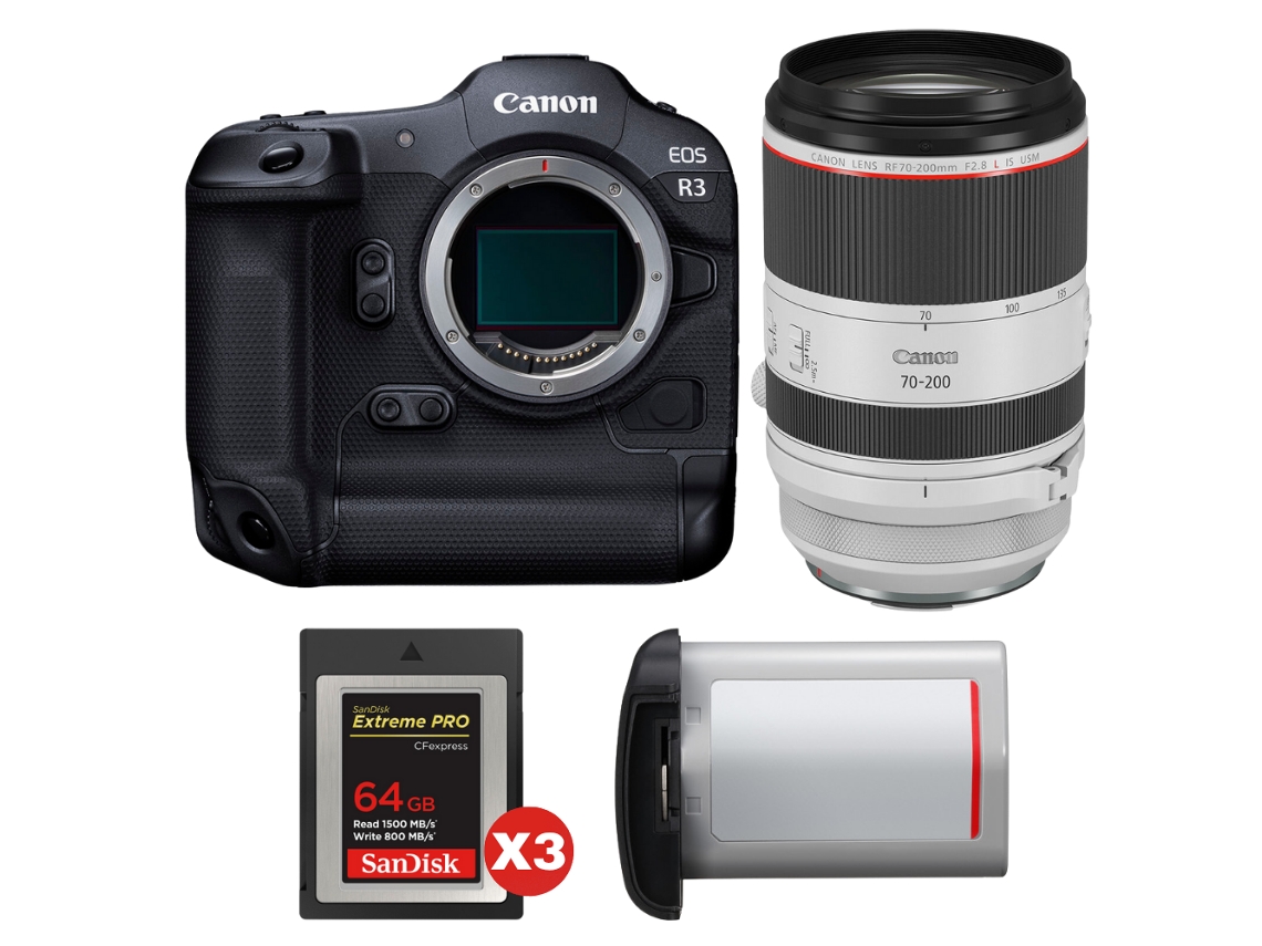Eos R3 + Rf 70 200mm F/2.8 L Is Usm + 3 Sandisk 64gb Extreme Pro Cfexpress Type B + Canon Lp e19 + Ebook “20 Dicas para Fotos Que Impressionam” CANON